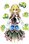  /\/\/\ 1girl :&lt; arm_warmers blonde_hair bow eyebrows eyelashes goku_(acoloredpencil) green_eyes hand_on_own_chest highres looking_at_viewer mizuhashi_parsee pointy_ears short_hair short_sleeves simple_background skirt solo tears touhou traditional_media tsurime white_background 