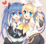  2girls belt blonde_hair blue_eyes blue_hair boots detached_sleeves fang hair_ornament hair_ribbon hairclip hatsune_miku heart kagamine_rin long_hair multiple_girls necktie open_mouth poooka ribbon short_hair shorts skirt thigh-highs thigh_boots twintails very_long_hair vocaloid 