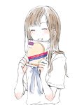  1girl addiction blush brown_hair closed_eyes idolmaster idolmaster_cinderella_girls long_hair mizumoto_yukari open_mouth ribbon school_uniform sketch smile solo 