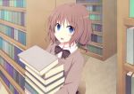  blue_eyes blush book bowtie brown_hair library open_mouth original school_uniform shefu 