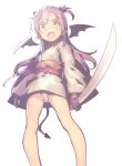  1girl blush character_request fang horns long_hair mckeee open_mouth pointy_ears purple_hair smile solo sword tail weapon wings yellow_eyes 