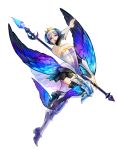 1girl armor bare_shoulders breasts cleavage feathers gwendolyn highres kazari_tayu odin_sphere open_mouth polearm silver_hair solo teeth tiara vambraces violet_eyes weapon wings 