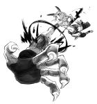  &gt;:o 1girl action animal_ears attack belt blood breasts cat_ears cat_tail claws crop_top foreshortening greyscale midriff monochrome nadia_fortune rough short_hair skullgirls sleeveless solo tail under_boob watson white_background 