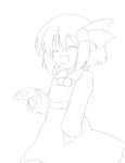  1girl absurdres closed_eyes flat_chest highres lineart monochrome oka_(bananashoe) open_mouth rumia short_hair smile solo touhou 