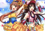  2girls ;d armpits blush breasts brown_eyes brown_hair corset dress green_eyes hat himekawa_yuki idolmaster idolmaster_cinderella_girls jewelry long_hair midriff multiple_girls navel necklace open_mouth pom_poms ponytail pu_uq smile sweat very_long_hair wakabayashi_tomoka wink 