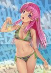  1girl beach bikini drink fuyuumi_ai glass highres lemonade long_hair ore_no_kanojo_to_osananajimi_ga_shuraba_sugiru original pink_hair shade/nays solo swimsuit violet_eyes 