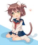  1girl animal_ears brown_eyes brown_hair cat_ears cat_tail fang folded_ponytail inazuma_(kantai_collection) kantai_collection kemonomimi_mode long_sleeves looking_at_viewer melompan open_mouth paw_print pleated_skirt school_uniform serafuku sitting skirt solo tagme tail 