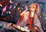  1girl ahoge alternate_costume ball barefoot blonde_hair blood bow dhiea flandre_scarlet hair_bow long_hair looking_at_viewer petals red_eyes shackle sitting solo touhou wariza wings 