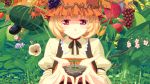  1girl aki_minoriko apple blonde_hair bust eggplant flower food fruit grapes hat melon plant red_eyes short_hair smile solo takuzui touhou 