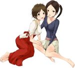  2girls ayase_honoka bare_legs barefoot blush brown_hair casual doumyouji_karin feet hakama highres idolmaster idolmaster_cinderella_girls japanese_clothes kimono messy_hair miko miniskirt multiple_girls short short_hair short_twintails skirt tied_hair twintails tyappygain 