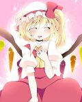  1girl ^_^ ascot blonde_hair blush closed_eyes flandre_scarlet hair_ribbon hammer_(sunset_beach) hat jewelry open_clothes open_shirt ribbon ring side_ponytail skirt skirt_set smile solo touhou wings 