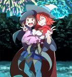  2girls akko_kagari cape child fireworks fukushi_ryouhei hat highres little_witch_academia multiple_girls shiny_chariot v witch witch_hat young 