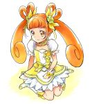  boots brown_eyes brown_hair choker clenched_hand collarbone cure_rosetta dokidoki!_precure double_bun dress earrings flower hair_flower hair_ornament jewelry kneeling kurocchirokko long_hair looking_at_viewer magical_girl precure ribbon simple_background smile solo twintails wrist_cuffs yotsuba_alice 
