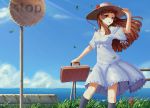  1girl briefcase brown_eyes brown_hair chongwuxin clouds dress flower hat highres original road_sign sign sky solo standing sunlight wind 