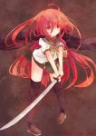  1girl annikun coat long_hair red_eyes redhead school_uniform shakugan_no_shana shana sword thigh-highs weapon 