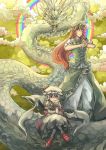  2girls beret chinese_clothes clouds dragon eastern_dragon hat hong_meiling long_hair long_skirt multiple_girls pants rainbow red_shoes remilia_scarlet shoes short_hair skirt touhou yagimiwa 