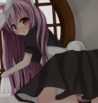  1girl alternate_costume animal_ears apron bent_over black_dress blush breasts bunny_tail chestnut_mouth chimunge dress enmaided large_breasts long_hair looking_at_viewer maid open_mouth panties pantyshot pantyshot_(standing) pink_panties puffy_sleeves purple_hair rabbit_ears rag red_eyes reisen_udongein_inaba sash short_sleeves solo standing striped striped_panties tail touhou turning underwear upskirt very_long_hair waist_apron 
