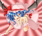  1girl bat_wings blue_hair chain colored fangs hat highres pointy_ears polearm red_eyes remilia_scarlet slit_pupils solo spear tennenmoe touhou weapon wings 