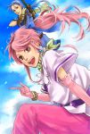  1boy 1girl arche_klein blue_background blue_eyes blue_hair bow_(weapon) bracelet chester_barklight earrings gloves jewelry long_hair nosuke_(ikinukki) pants pink_eyes pink_hair pointing ponytail smile tales_of_(series) tales_of_phantasia weapon 