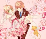  1boy 1girl brown_eyes brown_hair cardcaptor_sakura carrying cherry_blossoms couple dress elbow_gloves flower formal gloves green_eyes hetero kebei kero kinomoto_sakura li_xiaolang princess_carry short_hair suit 