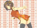  background bracelet brown_hair chinese_clothes clenched_hand flower hair_ribbon hand_gesture heart jewelry leaning_forward rei_(rsoujou) ribbon short_hair smile suzumiya_haruhi_no_yuuutsu thigh-highs yellow_eyes 