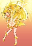  1girl blonde_hair boots choker clenched_hand cure_peace dress earrings electricity foreshortening gradient gradient_background jewelry kise_yayoi kurocchirokko magical_girl open_mouth pikachu pokemon pokemon_(creature) ponytail power_connection precure ribbon shorts_under_skirt smile_precure! tiara v yellow yellow_eyes 