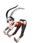  1girl bare_shoulders black_hair capri_pants eyeshadow feathers feng_(skullgirls) hair_feathers highres makai makeup multicolored_hair pants short_hair skullgirls solo two-tone_hair vambraces white_background white_hair 