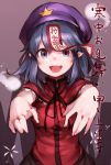  1girl black_eyes blue_hair fang hat junwool miyako_yoshika ofuda open_mouth outstretched_arms pointy_ears short_hair smile solo touhou 