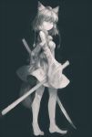  1girl barefoot highres inubashiri_momiji junwool looking_back monochrome simple_background solo standing sword touhou weapon 