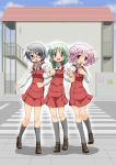  3girls blue_hair blush braid glasses green_hair hidamari_sketch highres hiro locked_arms long_hair looking_at_viewer multiple_girls natsume_(hidamari_sketch) open_mouth pink_hair sae school_uniform short_hair skirt smile yoshitani_motoka 