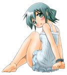  1girl bdsm blush bondage femsub green_eyes green_hair hidamari_sketch looking_at_viewer nori restrained short_hair simple_background solo white_background yoshitani_motoka 