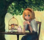  1girl alice_margatroid blonde_hair blue_dress blue_eyes capelet chair cookie cup dress food hair_ribbon hairband jewelry long_hair looking_at_viewer open_mouth ribbon ring shanghai_doll short_hair short_sleeves sitting smile solo table teacup teapot touhou tree wrist_cuffs you_(shimizu) 
