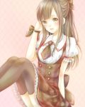  1girl :d black_legwear bow brown_eyes brown_hair dress hair_bow idolmaster idolmaster_cinderella_girls labyrinth_to_heart long_hair mizumoto_yukari necktie open_mouth sitting smile solo thigh-highs 