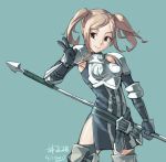  1girl armor belt boots breastplate brown_eyes brown_hair cynthia_(fire_emblem) fire_emblem fire_emblem:_kakusei junkpuyo polearm short_hair simple_background smile solo spear thigh-highs thigh_boots twintails v weapon 