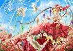  1girl ascot bird birdcage blue_sky cage clouds dress flandre_scarlet flower hat hat_ribbon jellyfishome open_mouth red_eyes ribbon rose side_ponytail sky smile solo touhou wings wrist_cuffs 