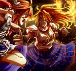  2girls battle blonde_hair breasts chain clenched_hand cuffs embers eyelashes fangs fighting_stance fingernails fire grin highres horns hoshiguma_yuugi ibuki_suika koji_(koji-a) leg_up long_hair manacles molten_rock multiple_girls open_mouth orange_hair red_eyes sharp_fingernails skirt sleeveless sleeveless_shirt smile star touhou tsurime 