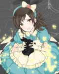  1girl :d alice_(wonderland) alice_(wonderland)_(cosplay) animal_ears apron bow brown_eyes dress flower hairband idolmaster idolmaster_cinderella_girls mikupo_(lomit) open_mouth rabbit rabbit_ears sitting smile solo tachibana_arisu wrist_cuffs 