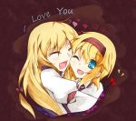  2girls alice_margatroid blonde_hair blue_eyes closed_eyes couple english faech gap happy heart hug long_hair multiple_girls no_hat no_headwear short_hair smile touhou wink yakumo_yukari yuri 