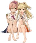  2girls bare_legs barefoot blonde_hair bow bowtie bracelet cellphone fang feet hair_bow highres idolmaster idolmaster_cinderella_girls iphone jewelry jougasaki_mika jougasaki_rika long_hair multiple_girls phone pink_hair school_uniform sitting smile tied_hair tyappygain yellow_eyes 