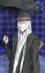  1boy blue_eyes gloves hat holding jacket katekyo_hitman_reborn long_hair silver_hair smile superbi_squalo umbrella varia white_gloves 