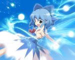  1girl blue_eyes blue_hair bow cirno hair_bow looking_at_viewer massala pointing pointing_at_viewer short_hair smile solo touhou wings 
