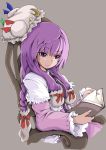 1girl book chair grey_background hat hat_removed hayate-s headwear_removed highres long_hair patchouli_knowledge purple_hair simple_background solo touhou violet_eyes 