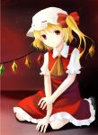  1girl :o ascot blonde_hair flandre_scarlet gradient gradient_background hat hat_ribbon head_tilt light_particles looking_at_viewer mob_cap red_background red_eyes ribbon short_hair short_sleeves side_ponytail sitting skirt skirt_set solo tamae_(pixiv40276) touhou wariza wings 