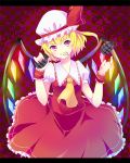  1girl ascot checkered checkered_background explosive flandre_scarlet grenade hat hat_ribbon highres letterboxed mouth_hold pika73 red_eyes ribbon side_ponytail skirt skirt_set smile solo touhou wings wrist_cuffs 