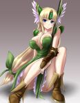  1girl blonde_hair blue_eyes boots breasts grey_background highres light_smile long_hair riesz ryuusama seiken_densetsu seiken_densetsu_3 solo staff very_long_hair 