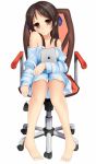  1girl bare_shoulders barefoot bow brown_eyes brown_hair chair hair_bow idolmaster idolmaster_cinderella_girls long_hair mokufuu no_bra off_shoulder sitting solo tachibana_arisu 