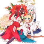  3girls alice_margatroid aqua_eyes blonde_hair blue_eyes breasts brown_eyes brown_hair cleavage flower hakurei_reimu highres izayoi_sakuya kneeling leaning_on_person multiple_girls open_clothes open_shirt pantyhose sarashi short_hair silver_hair sitting touhou tsuno_no_hito undressing yuri 