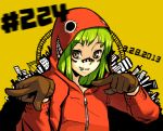  1girl dated facial_tattoo gloves green_eyes green_hair grin gumi hoodie junkpuyo lip_piercing matryoshka_(vocaloid) multicolored_eyes piercing pointing red_eyes short_hair smile solo tattoo vocaloid 