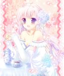  1girl blush cup dress flower hair_flower hair_ornament happy long_hair purple_hair rose solo tea teacup teapot violet_eyes 