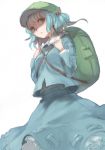  1girl backpack bag benitama blue_eyes blue_hair hat kawashiro_nitori scenery simple_background sketch solo touhou white_background 